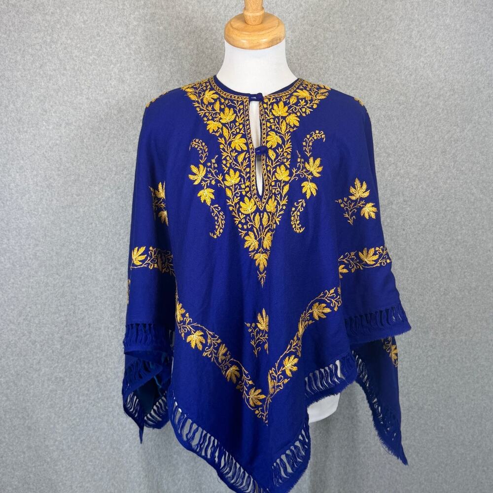 Vintage Blue Yellow Embroidered Fringe Poncho Cape One Size Wool Blend Satin